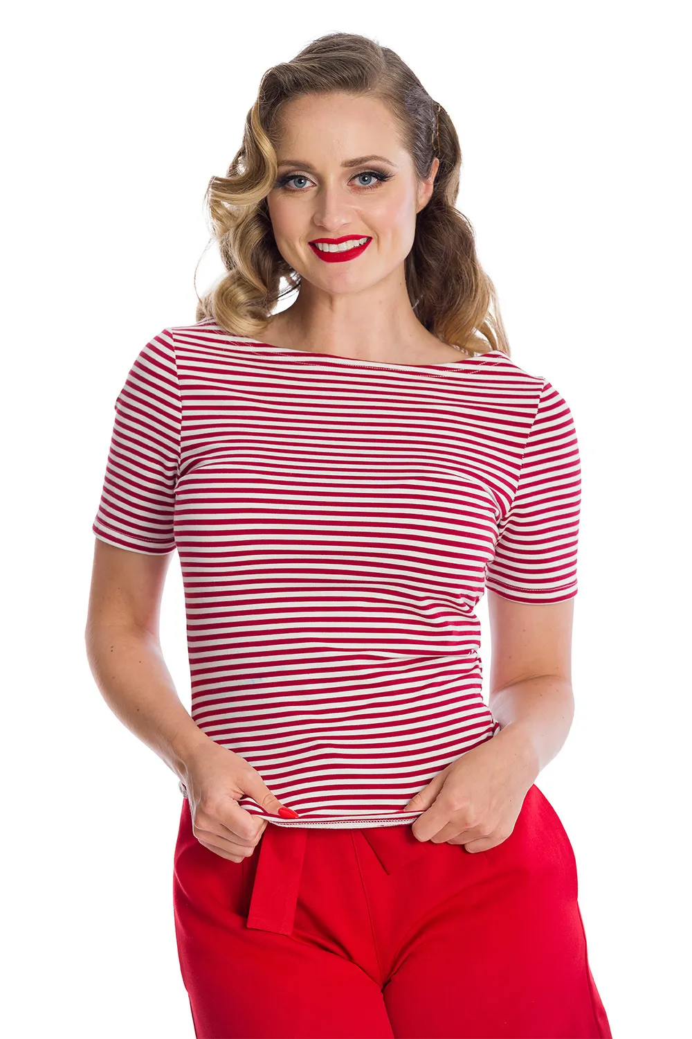 Szizzle Stripe Red & White Boatneck Top by Banned Apparel