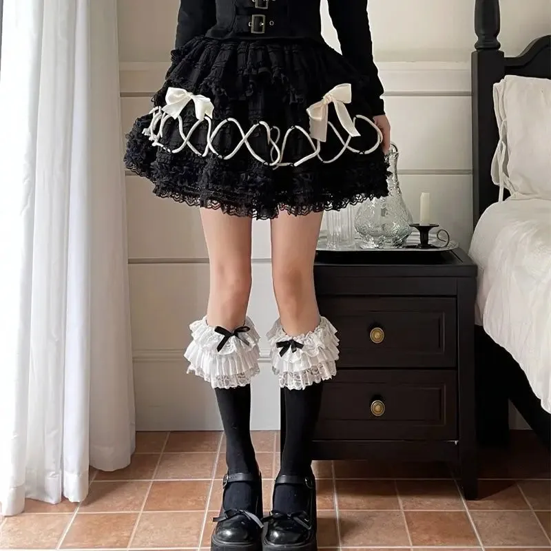 TAVIMART  -  French Vintage Tie Bow Lace Black Fluffy Cake Skirts for Women Autumn Lolita Girls Harajuku High Waist Loose Casual Short Skirt