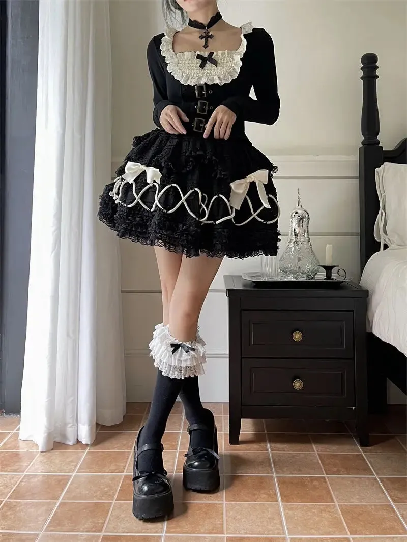 TAVIMART  -  French Vintage Tie Bow Lace Black Fluffy Cake Skirts for Women Autumn Lolita Girls Harajuku High Waist Loose Casual Short Skirt