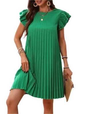 TEEK - Dark Green Pleated Round Neck Cap Sleeve Dress