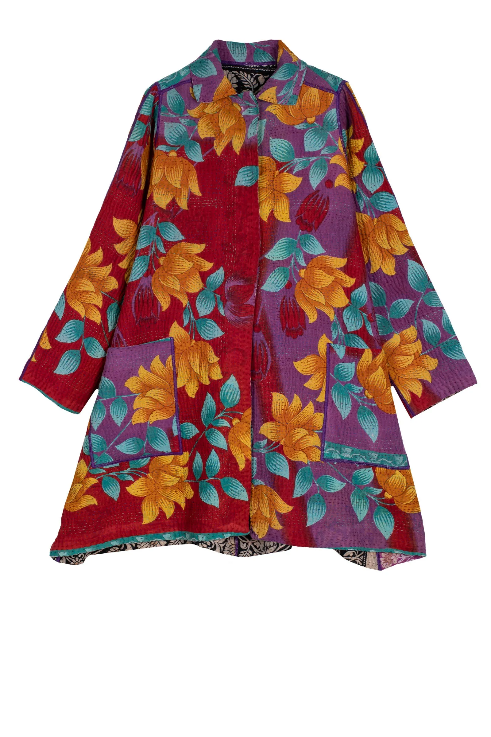 VINTAGE COTTON KANTHA A-LINE DUSTER - cv4311-0096a -