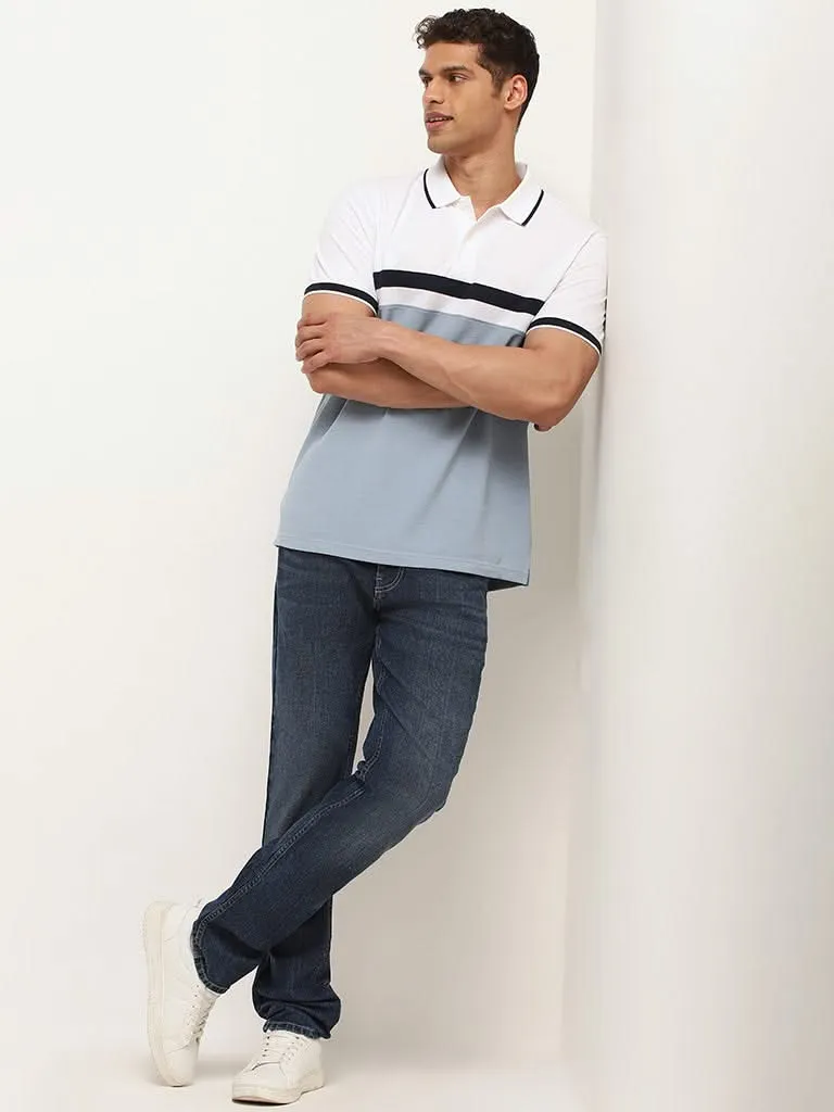 WES Casuals Light Blue Colour-Block Cotton Blend Slim Fit Polo T-Shirt