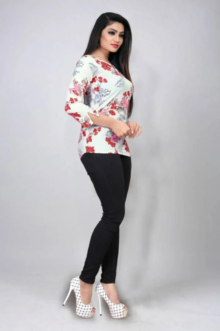 White Floral Printed Blouse Top