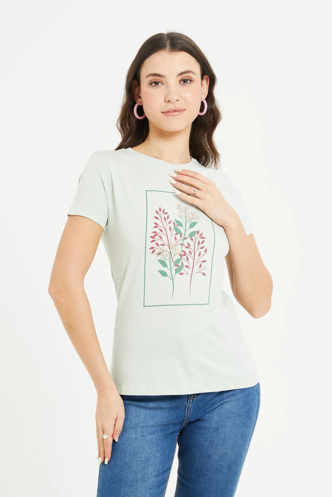 Women Mint Floral Printed T-Shirt