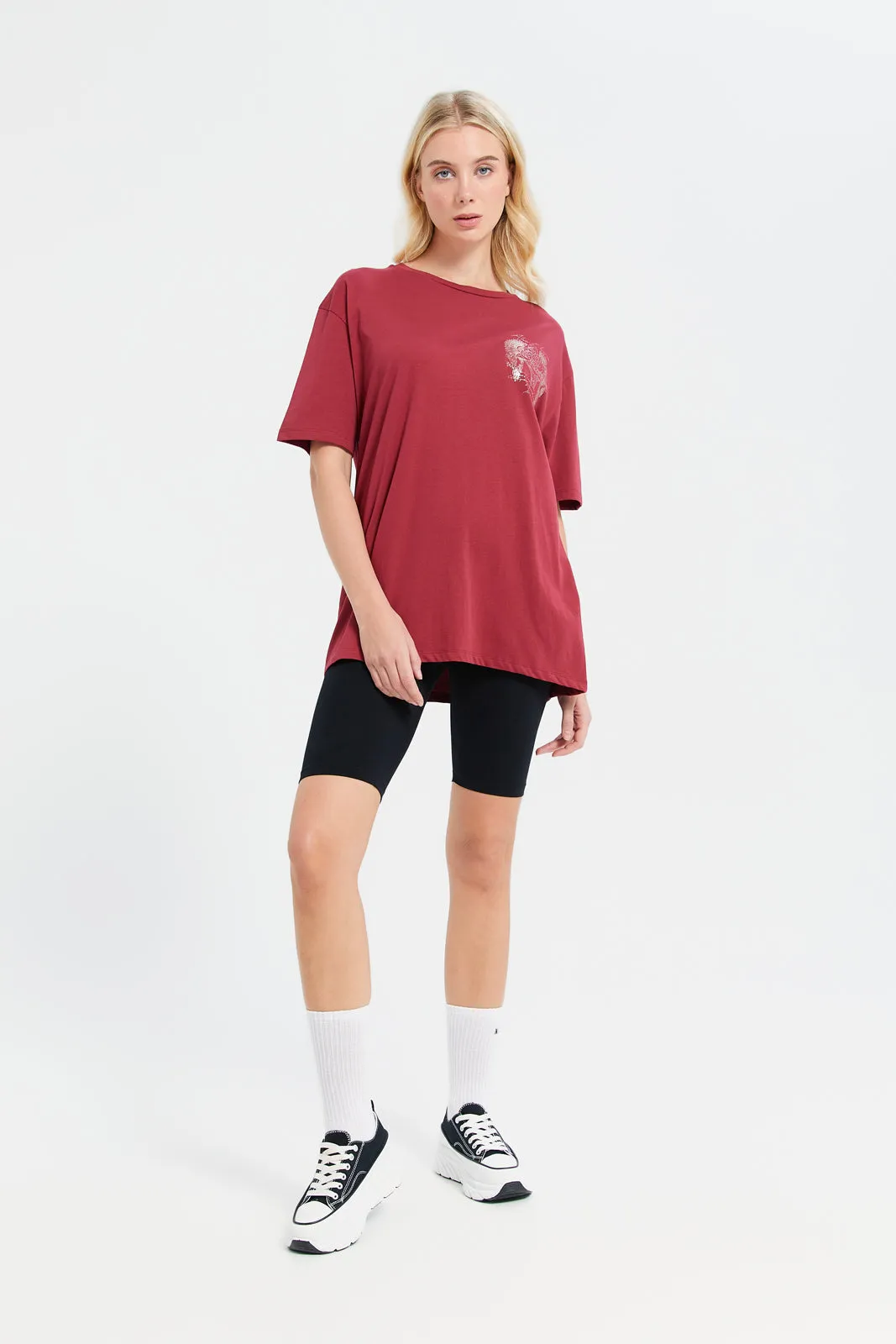 Women Red Oversize Biker T-Shirt