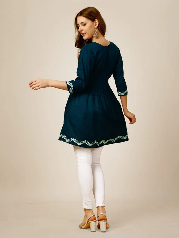 Womens Embroidered A-Line Blue Tunic