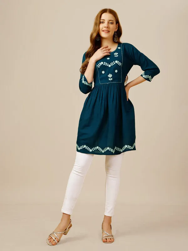 Womens Embroidered A-Line Blue Tunic