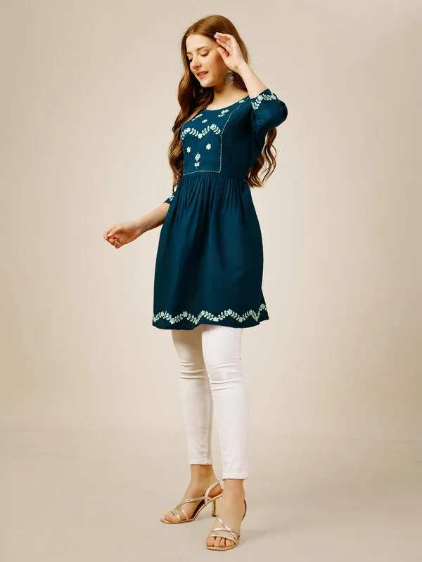 Womens Embroidered A-Line Blue Tunic