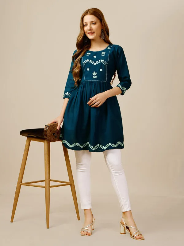 Womens Embroidered A-Line Blue Tunic