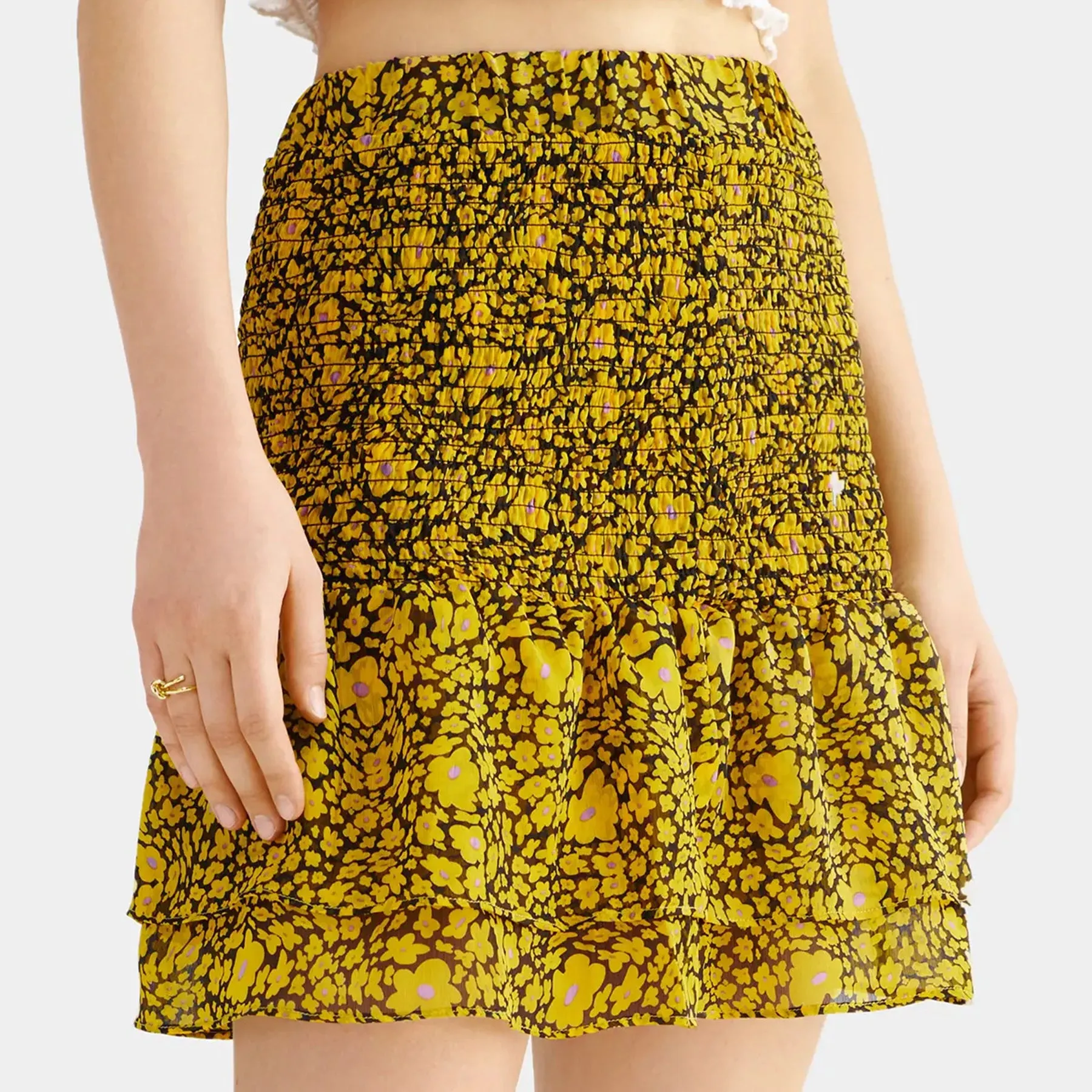 Women's Floral Print Shirred Ruffle Hem Short Skirt