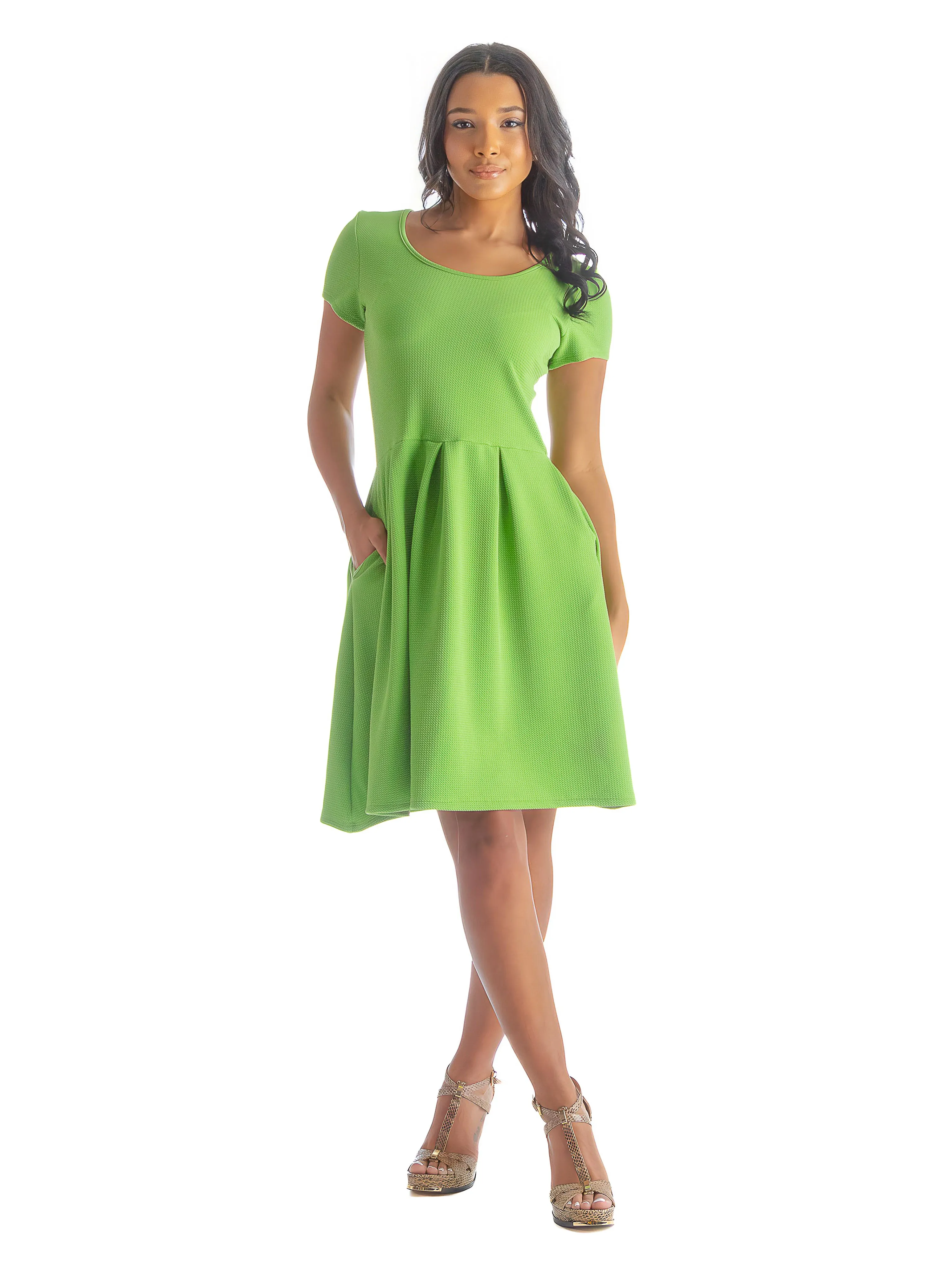 Womens Scoop Neck Knee Length Pleated Pocket Dress