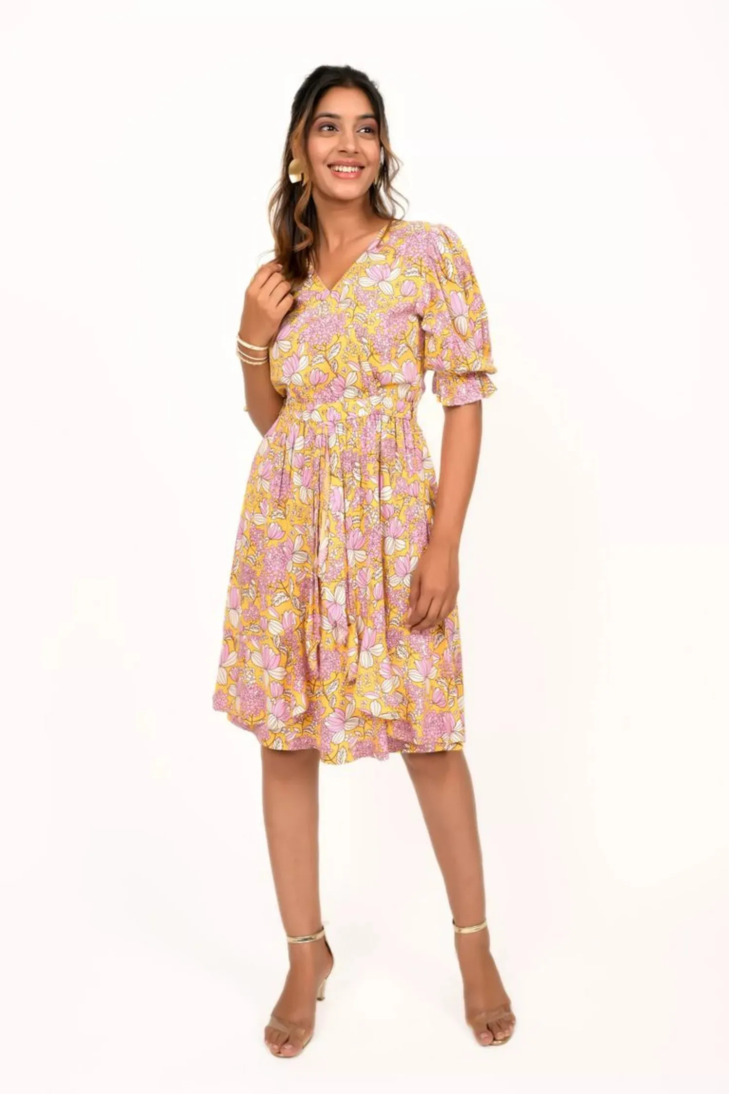 Yellow And Pink Floral Printed Short Dress