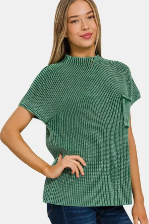 Zenana Washed Mock Neck Short Sleeve Sweater